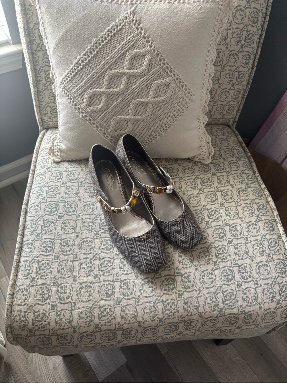 Sam Edelman Gray Herringbone Mary Jane Block Heels with Jewel Buttons - Picture 2 of 4